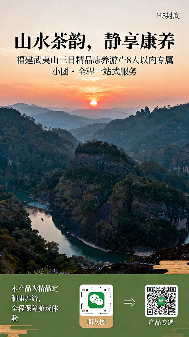 易企秀H5第十二页封底，背景是带暖色调滤镜的武夷山晚霞全景图，主标语“山水茶韵，静享康养”，副标语“福建武夷山三日精品康养游丨8人以内专属小团·全程一站式服务”，底部左侧“本产品为精品定制康养游，全程保障游玩体验”，中间带朋友圈和微信图标分享按钮，右侧产品专属二维码，主色调茶绿、山水蓝和原木色，思源宋体标题，微软雅黑正文，风格简约雅致符合康养主题