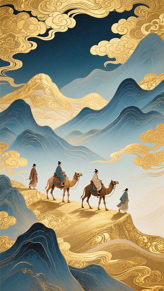 国风山水艺术风格，金色与青蓝色渐变为主色调，金色祥云纹装饰背景，层叠起伏的波浪状山峦，三位身着传统服饰的旅人骑乘骆驼行走于山脊，整体画面呈现出华丽细腻的装饰画质感，光影柔和，线条流畅，具有浓厚的东方古典韵味和悠远的意境，构图平衡，视觉层次分明，色彩和谐统一。