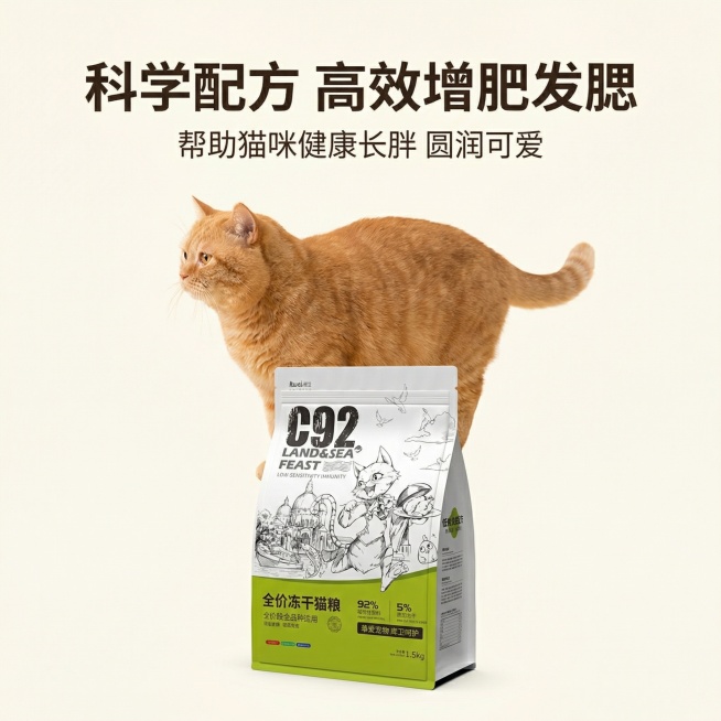 [主图 3] 猫粮功效细节展示图，整体简约大气可爱治愈风格，保留原商品包装外观完全不变。包装主体位于画面中央偏下位置，背景为浅奶白色，上方有一只可爱圆胖橘猫侧脸展示，清晰呈现发腮效果。文案：大号加粗主预览效果