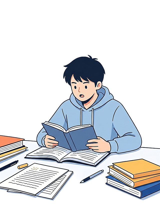 保持参考图的简约扁平插画风格，生成一幅男生大学生学习背书的插画，无背景，只有主体插画，风格和参考图一致，线条干净，配色清新，男生大学生正在背书学习的场景