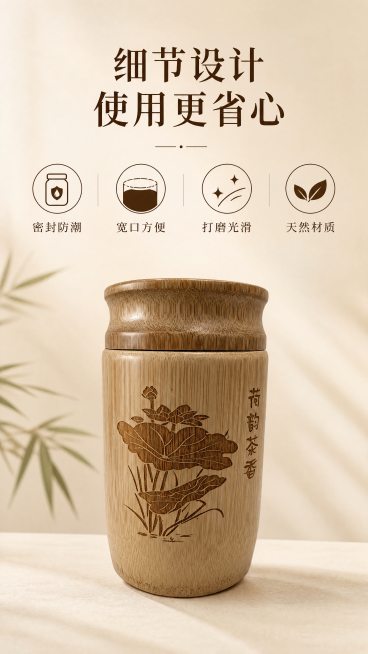 [第9屏] 人性化设计-细节优势展示。本屏用【图1】保持原产品结构颜色，四图标展示四个设计优势：密封防潮、宽口方便、打磨光滑、天然材质。每个图标配短标签，顶部标题。浅米底色，深棕图标文字。标题“细节设预览效果