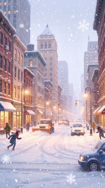现代城市场景的暴风雪场景，皮克斯动画风格，空中正飘落着密集雪花，冬日城市街道被风雪覆盖，卡通渲染风格，氛围感强烈预览效果