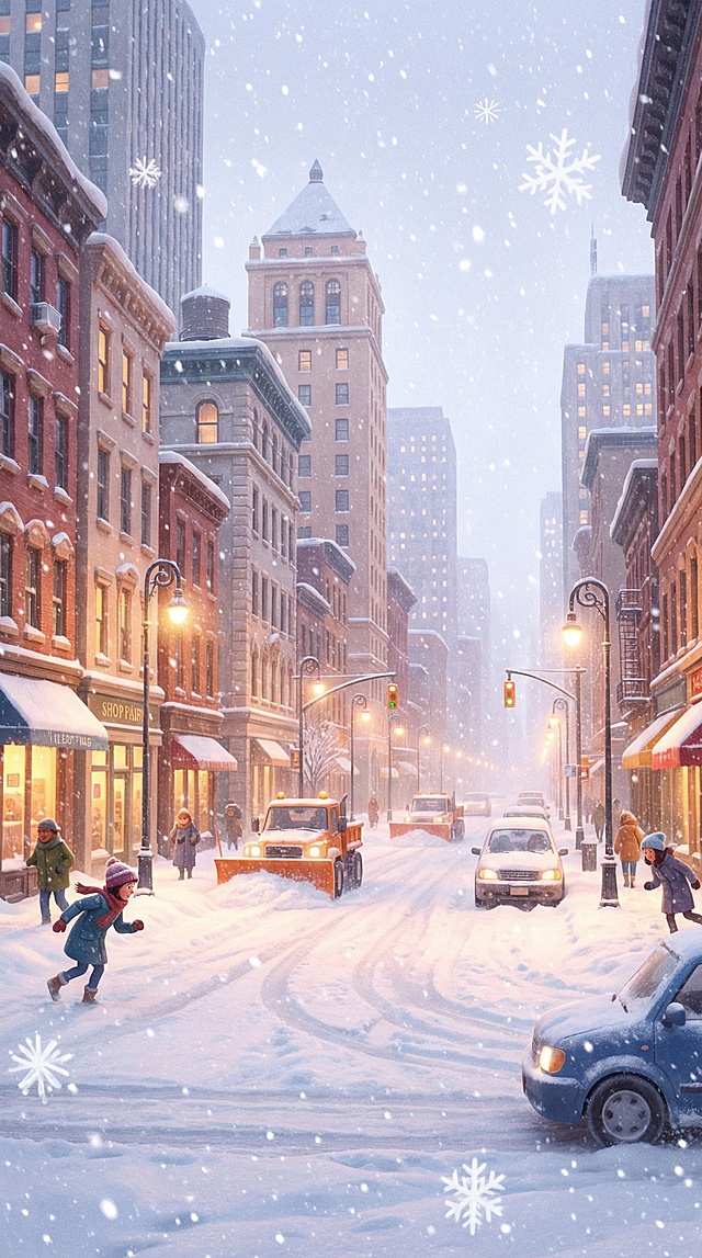 现代城市场景的暴风雪场景，皮克斯动画风格，空中正飘落着密集雪花，冬日城市街道被风雪覆盖，卡通渲染风格，氛围感强烈