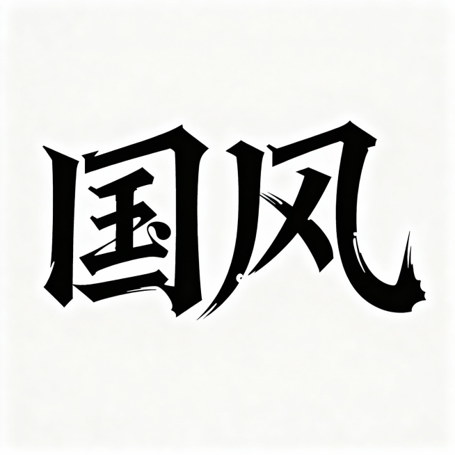 字体设计“国风”,采用了创意风格字体,笔画形态夸张且富有变化。 笔画粗细对比强烈,有不规则的连笔、断点、弯曲和延展,纯白背景,黑色字预览效果