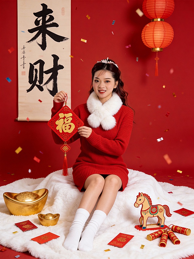 图示人物面带微笑，穿红色毛衣裙+白色毛领+白色袜子，坐在白色毛毯上，手里拿着红色“福”字挂饰，周围布置了金色元宝道具、小马窗花、散落的红包、小鞭炮，背景是书法风对联“来财”和灯笼，洒落彩带，红色背景。