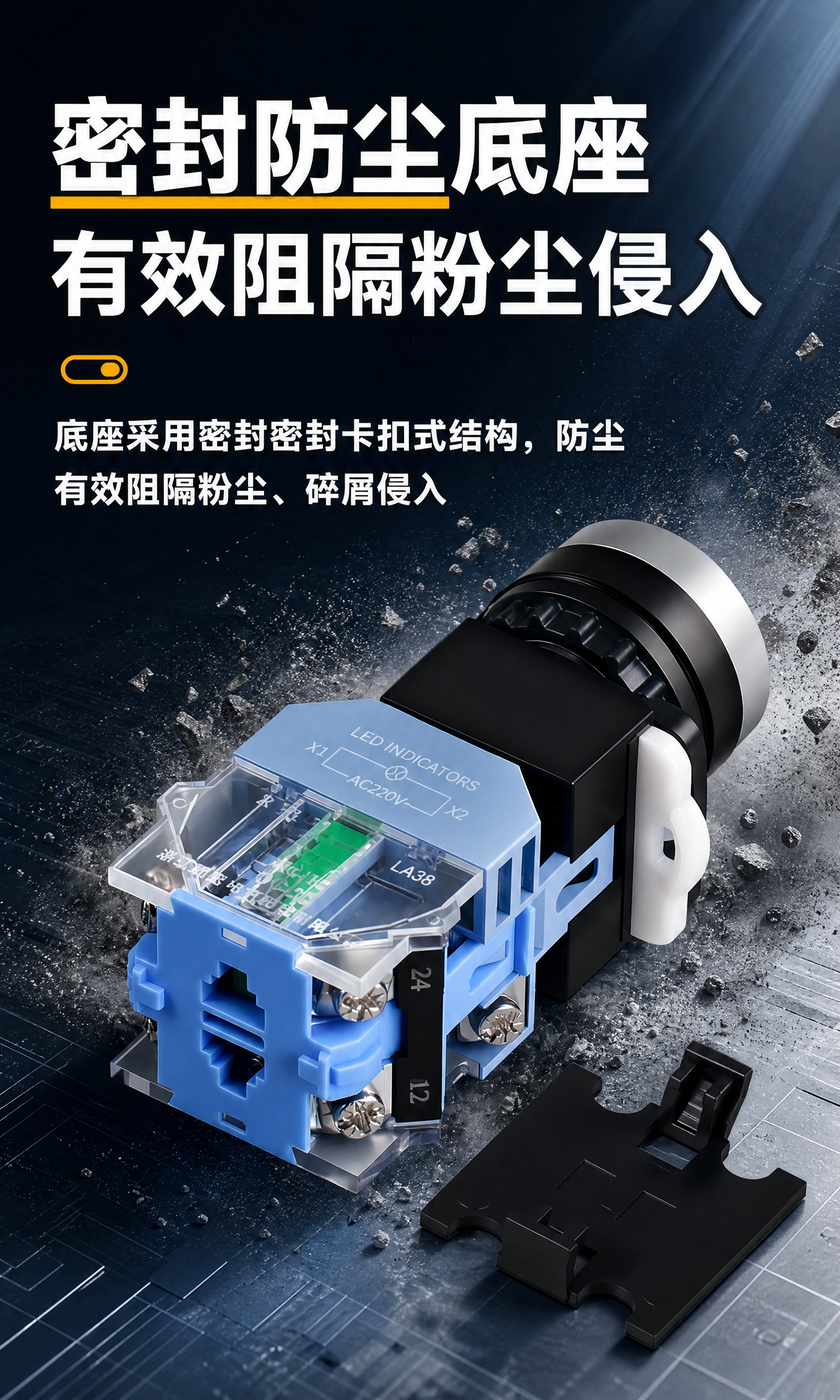 电商详情页，LA38带灯按钮密封防尘底座卖点详情长图，750p… - 图片创意预览