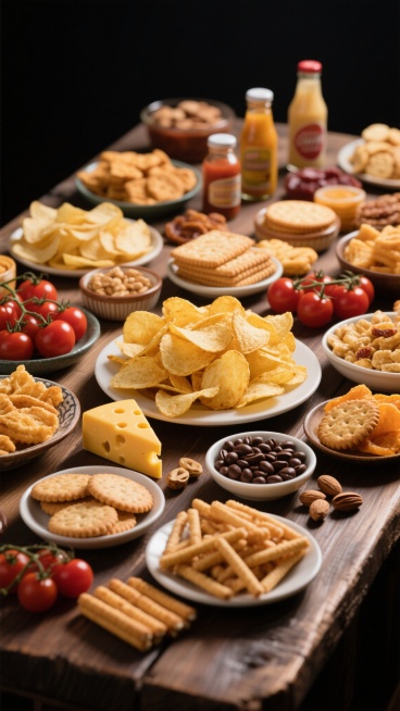 深色背景下，木桌上摆满了种类丰富的美味零食，包括金黄酥脆的薯片、各种形状的饼干、奶酪棒、巧克力豆、坚果、水果干、小番茄、瓶装饮料和调味酱等，所有零食色彩鲜艳、质感真实，光线从上方柔和照射，突出食物的诱人光泽和立体感，营造出丰盛、美味、令人食欲大开的氛围。预览效果