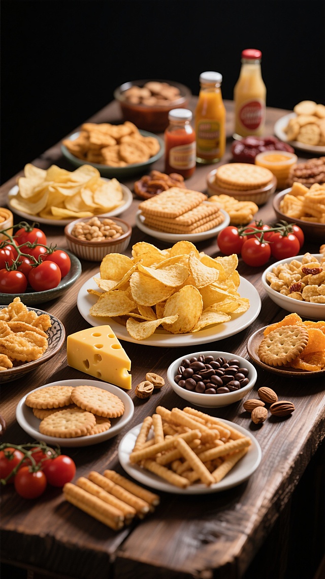 深色背景下，木桌上摆满了种类丰富的美味零食，包括金黄酥脆的薯片、各种形状的饼干、奶酪棒、巧克力豆、坚果、水果干、小番茄、瓶装饮料和调味酱等，所有零食色彩鲜艳、质感真实，光线从上方柔和照射，突出食物的诱人光泽和立体感，营造出丰盛、美味、令人食欲大开的氛围。