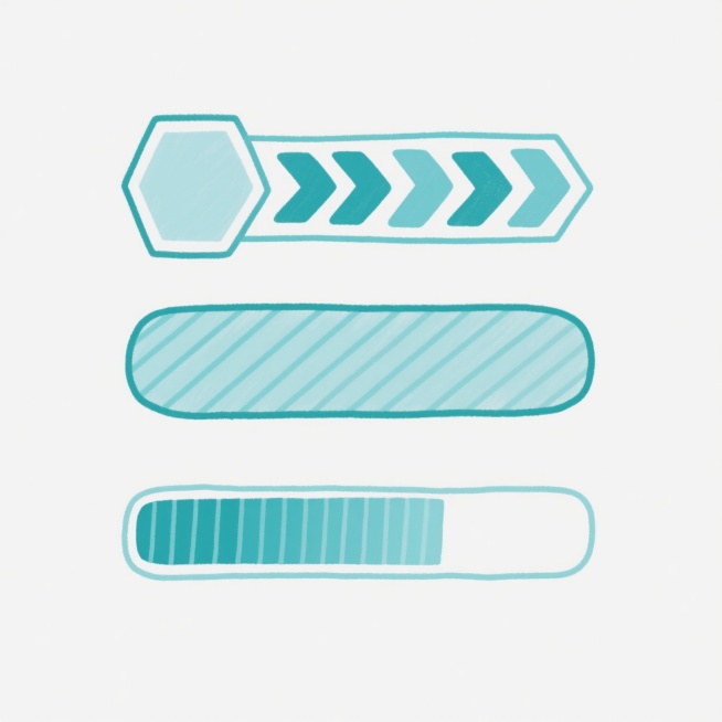 手绘风格的进度条设计，包含三个不同样式的水平进度条，均以淡青色为主色调，搭配从深到浅的渐变效果。最上方的进度条为六边形端点，内部填充由多个箭头形状组成的图案；中间的进度条为矩形圆角设计，内部是平行斜线条纹；最下方的进度条同样为矩形圆角，内部是均匀排列的竖条。所有进度条都有清晰的手绘轮廓线，线条略带手工绘制的自然质感，整体画面简洁明快，背景为纯白色，呈现出清新、简约的视觉效果。预览效果