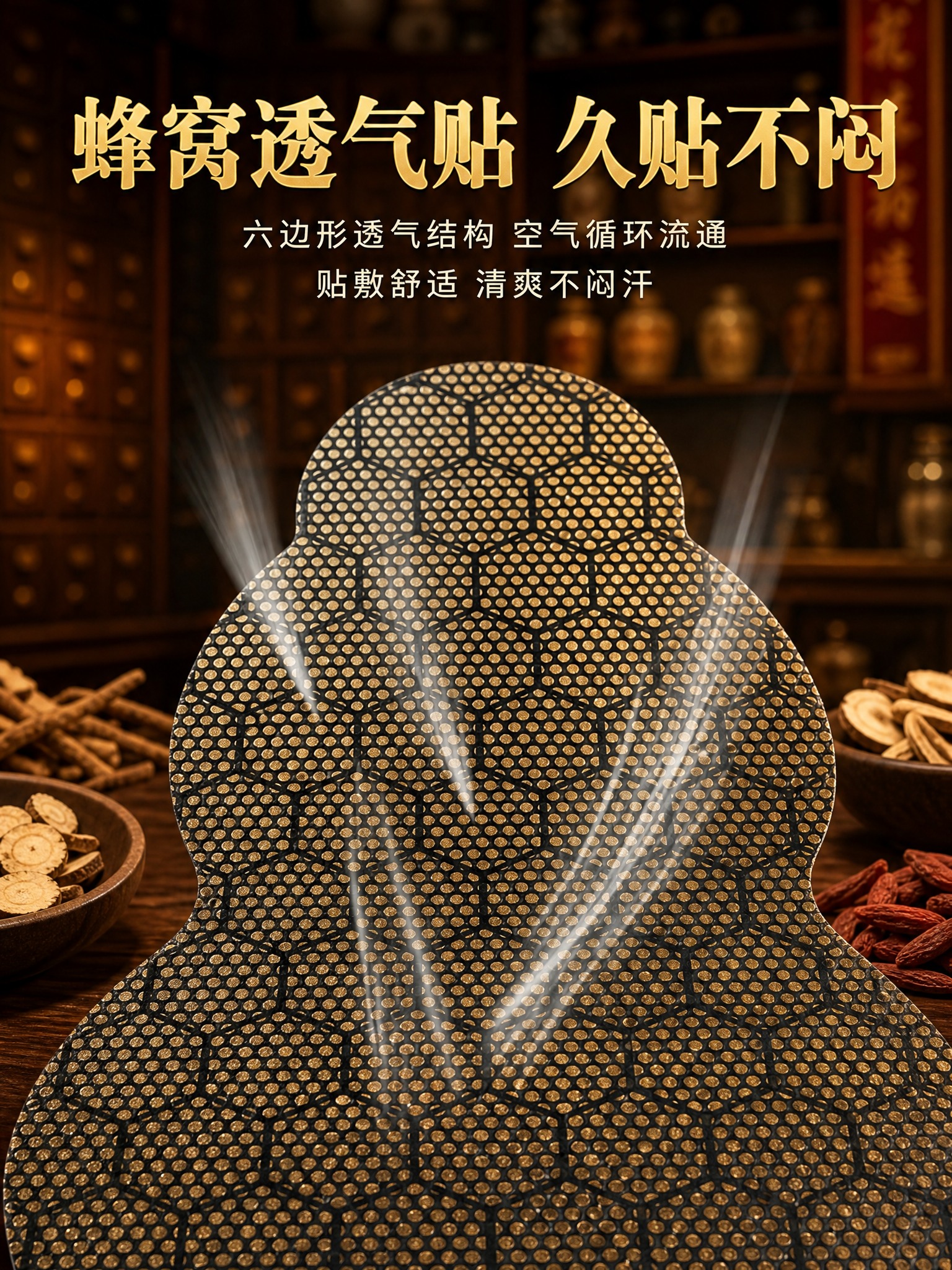 [主图-3 贴剂卖点] 蜂窝透气结构卖点图，突出久贴不闷的透气… - 图片创意预览