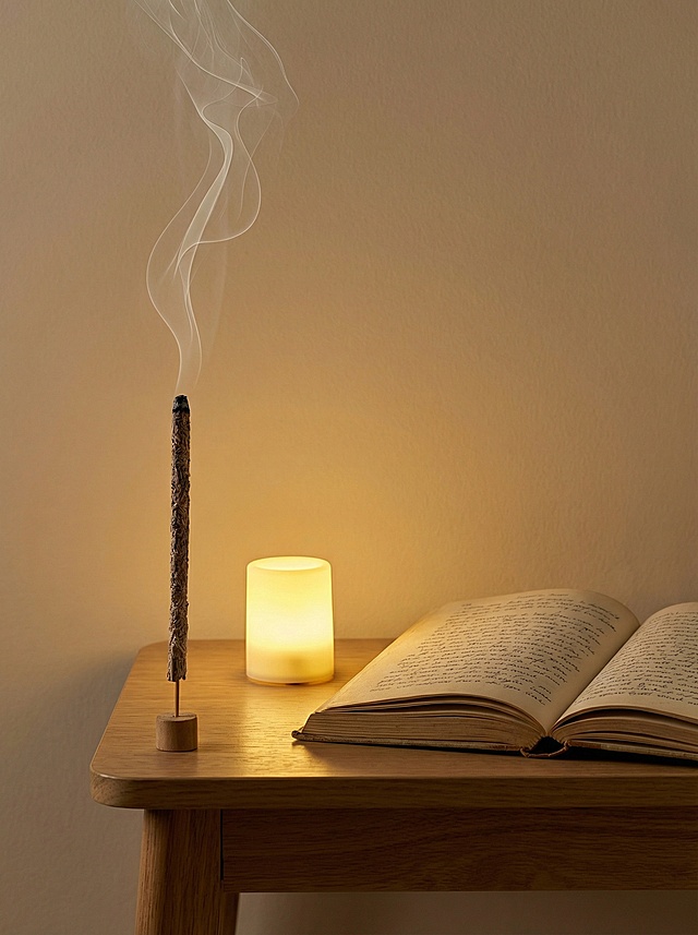 保留图中的线香，添加暖黄色小夜灯，旁边放置一本翻开的书，营造静谧温馨氛围