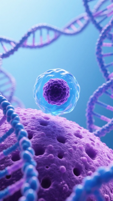 3D渲染风格的生物医学微观背景，以紫色和蓝色为主色调，呈现出高度写实的细胞与分子结构。画面中心是一个半透明的蓝色细胞膜包裹着深紫色细胞核的细胞，悬浮在纹理粗糙、布满小孔和凸起的紫色细胞表面上。周围有多条螺旋状的DNA链，呈现出蓝紫色渐变，有的缠绕在细胞表面，有的向背景延伸。背景为渐变的浅蓝色，营造出深邃、神秘的科学氛围。整体光影柔和，细胞表面有细腻的高光和阴影，突出立体感和材质的颗粒感。构图采……预览效果