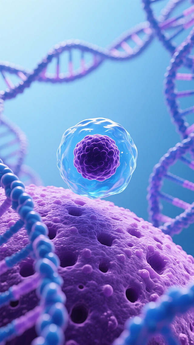 3D渲染风格的生物医学微观背景，以紫色和蓝色为主色调，呈现出高度写实的细胞与分子结构。画面中心是一个半透明的蓝色细胞膜包裹着深紫色细胞核的细胞，悬浮在纹理粗糙、布满小孔和凸起的紫色细胞表面上。周围有多条螺旋状的DNA链，呈现出蓝紫色渐变，有的缠绕在细胞表面，有的向背景延伸。背景为渐变的浅蓝色，营造出深邃、神秘的科学氛围。整体光影柔和，细胞表面有细腻的高光和阴影，突出立体感和材质的颗粒感。构图采用近景特写，主体清晰，背景元素逐渐虚化，形成自然的景深效果，展现出微观世界的精密与奇妙。