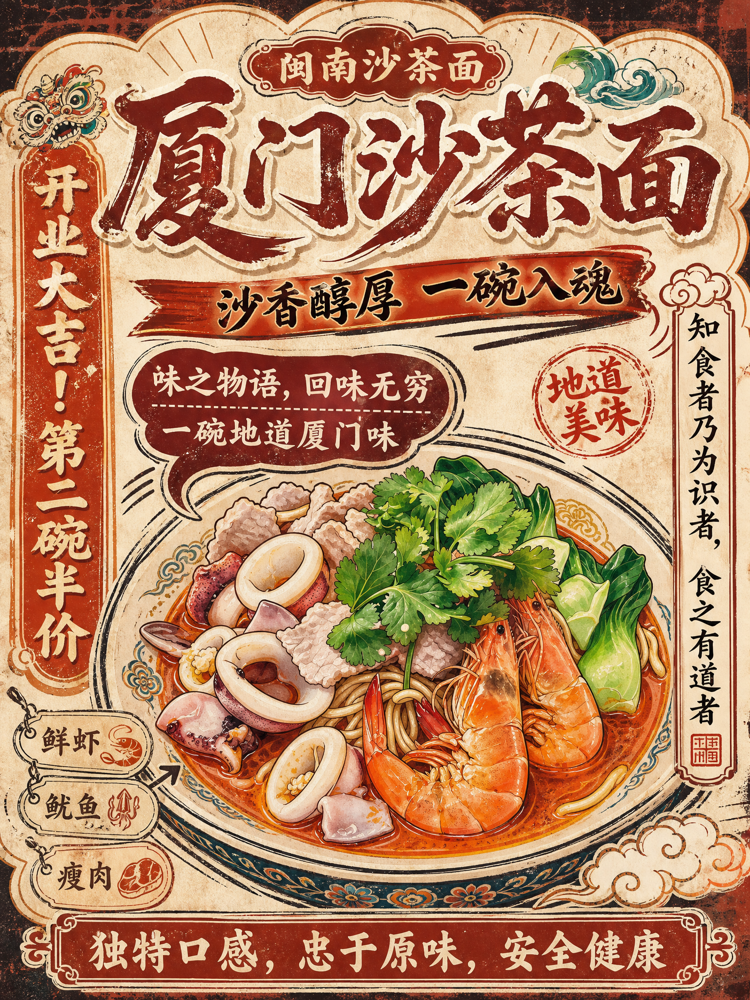 潮流ins风厦门沙茶面促销海报，竖版3:4比例，不规则异形云朵… - 图片创意预览