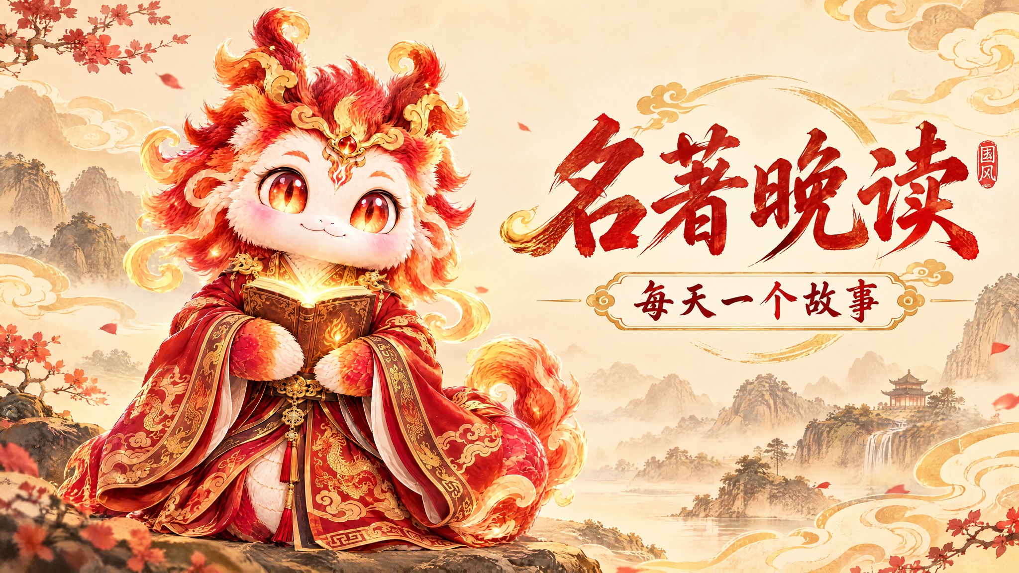 国风名著晚读宣传图，1080乘605像素。左侧是穿红金汉服、捧… - 图片创意预览
