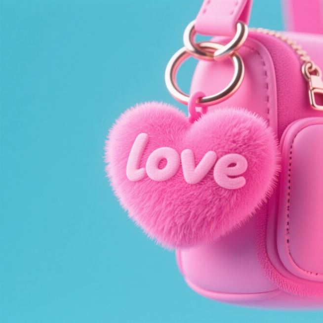 粉色爱心挂饰挂在包上，爱心上写着艺术字“love”预览效果