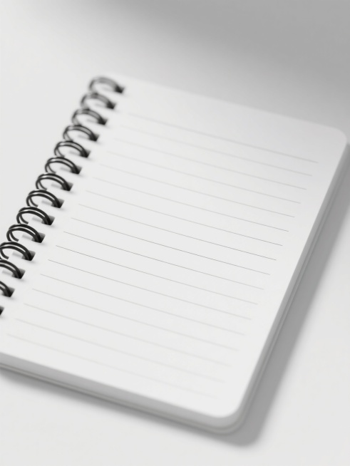 一个白色背景的笔记本内页，纸张为纯白色，上面有等距的水平黑色细线作为行线，纸张边缘整齐，左侧可以看到部分黑色的螺旋装订结构，整体呈现出简洁、干净、实用的办公文具风格，光线均匀柔和，无明显阴影，画面主体突出，给人一种整洁有序的感觉。预览效果