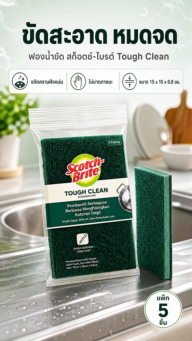 [商品] 使用【图1】绿色 Scotch-Brite TOUGH CLEAN 百洁布 5 片装（含透明包装袋）；保留结构、比例、绿色研磨层与深绿海绵层配色、包装上的 Logo、标签与原有泰文/英文文字及图案原样，不翻译、不替换、不改写、不新增商品本体文字；商品处理：消除包装袋高光过曝与褶皱，边缘清晰化，接触阴影、透视与反射自然。
[画面] 页面目标：首张结果头图，展示产品全貌与清洁结果；满铺泰国现代厨房水槽场景，产品包装袋直立斜放于水槽台面，另取一片百洁布立起展示 0.8cm 厚度；产品占画面约 65%，位于中下部；阅读动线由顶部标题向下到卖点条再到产品；前景为不锈钢水槽边与细碎水珠，中景产品，后景虚化的厨房台面、餐具与绿植；景别中景偏近，光源明亮均匀。
[视觉] 套系策略：风格=跨境清洁日用清新商业摄影，真实客观、极简、少装饰；标题字=泰语粗黑无衬线体；正文字=泰语常规无衬线体；主色=深绿；背景延展=基于深绿与浅薄荷白做同色深浅渐变、明暗层级、清水与皂泡细腻质感；强调色=明黄绿，仅用于小面积图标、引线、标签、局部光效；标题色=深墨绿；正文色=中性深灰；组件=圆角浅底信息卡、细线引线、圆形编号徽章、虚线步骤条；光影=明亮均匀的厨房顶部柔光加微弱前侧补光。
[文字] 顶部泰语主标题 "ขัดสะอาด หมดจด"，其下副标题 "ฟองน้ำขัด สก็อตช์-ไบรต์ Tough Clean"，中部信息条并排三个短卖点 "ขจัดคราบฝังแน่น"、"ไม่บาดภาชนะ"、"ขนาด 15 x 10 x 0.8 ซม."，右下角圆形徽章 "แพ็ก 5 ชิ้น"；全部文字横向排版，禁止竖排、旋转、斜排，不遮挡产品主体与包装文字。
[规格] 9:16 竖版，4K，负向提示：避免变形、拉伸、包装文字错乱、错字、水印、二维码、价格与折扣信息、绝对化用语、正文字过小、冷灰白单调背景、产品颜色改变。