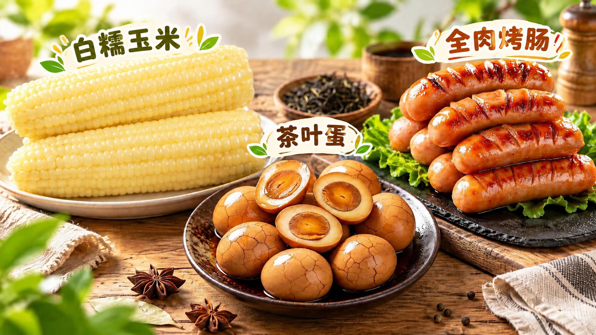 在这张美食海报上为三种食物分别加上清晰的名称文字：左侧玉米上方… - 图片创意预览