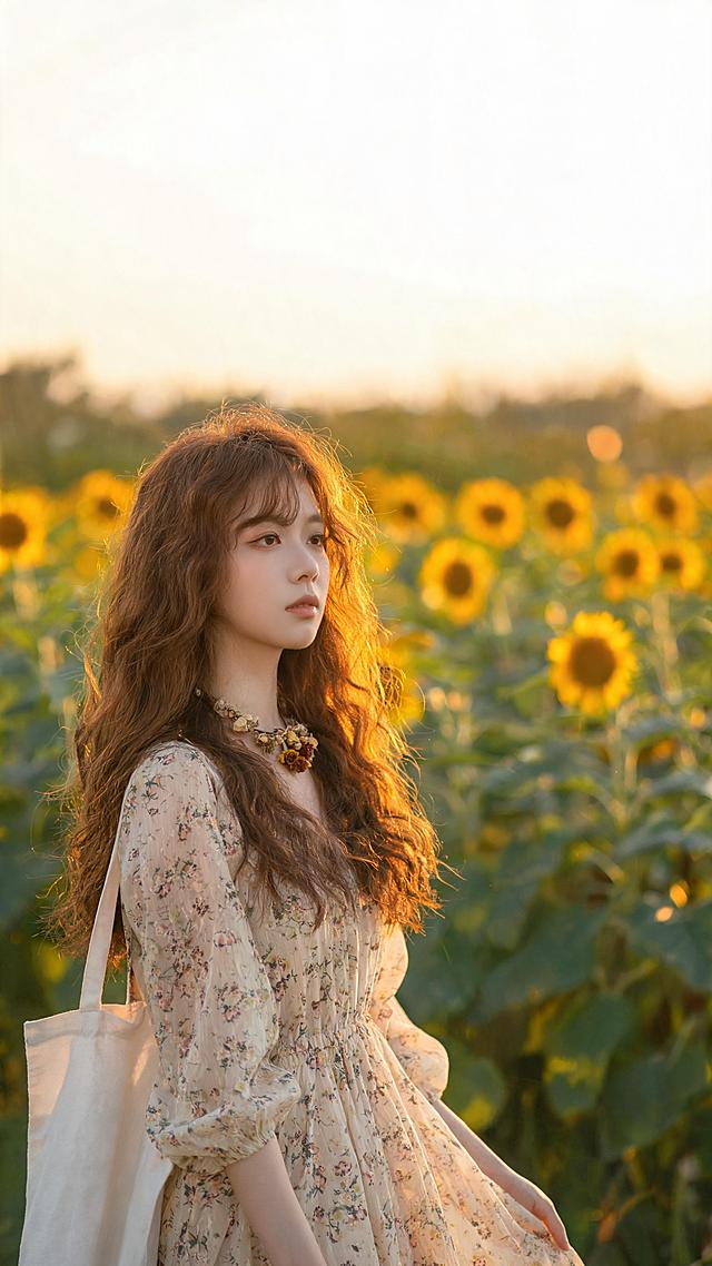 9:16竖屏，超写真真人质感，下午4点暖金色夕阳，18岁文艺油画少女，暖调自然白皮，文艺少女妆，栗棕色羊毛卷长发，体态舒展自然，气质文艺浪漫，身穿Zimmermann米色碎花连衣裙，干花项链，帆布包，站在向日葵花田，人物前景站位，背景距离人物6米以上，空间纵深感强，85mm f/1.8大光圈浅景深，背景柔和虚化，焦外向日葵光斑，头发丝金边，暖黄色油画色调，柔美慢动作，充满艺术感，无网红感，无廉价感，无杂乱背景，高清细节，极致文艺少女氛围
