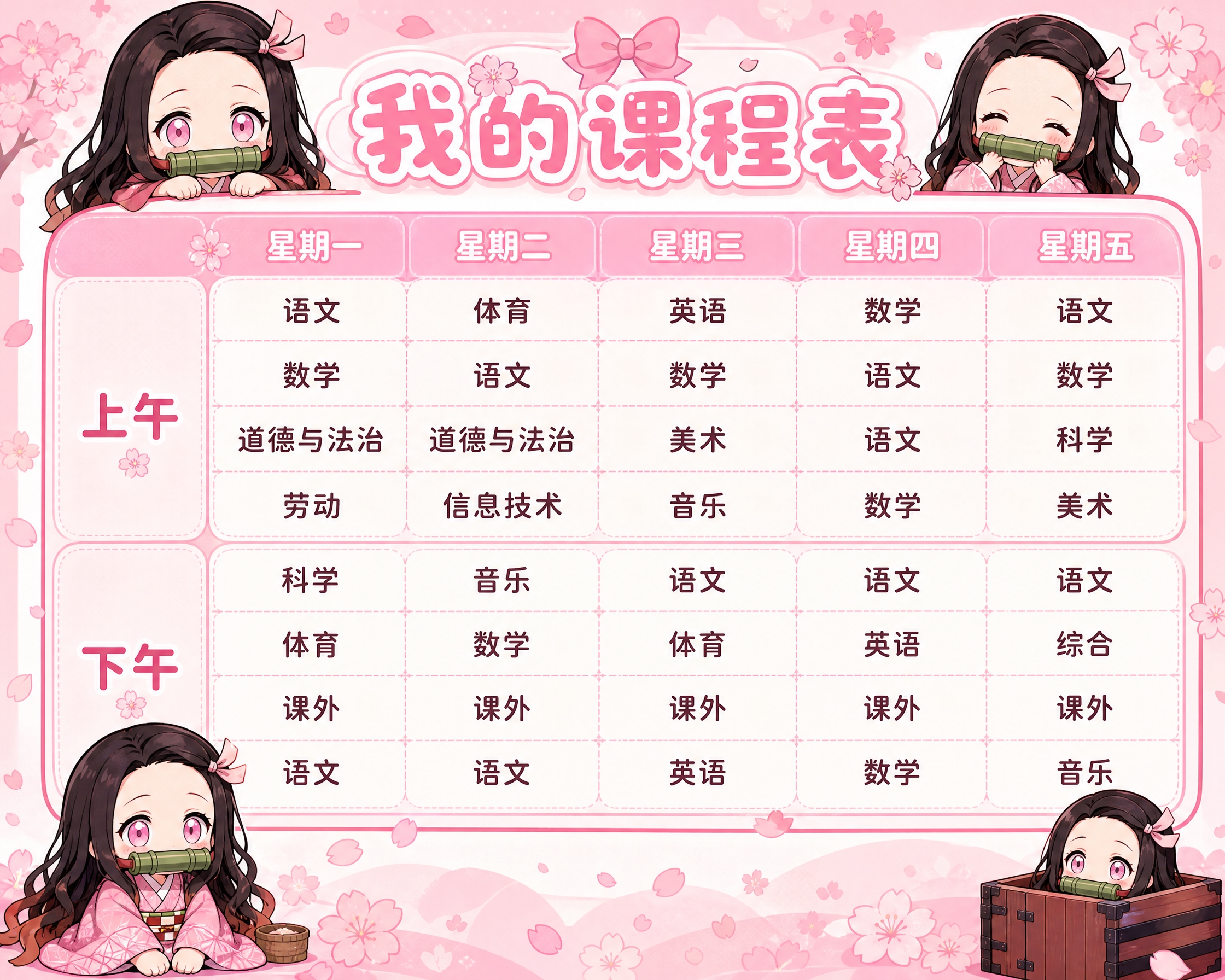 鬼灭之刃灶门祢豆子粉白可爱主题课程表，标题为"我的课程表"，表… - 图片创意预览