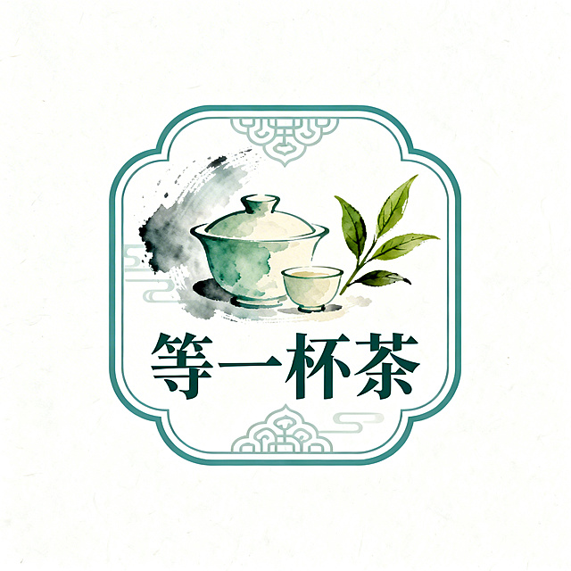 茶店铺"等一杯茶"的中国风logo设计，1:1居中排版，新中式风格，融入传统茶文化元素，包含茶具、茶叶，搭配水墨笔触和中式纹样，色调以淡雅的青色、绿色、米白色为主，文字使用中式书法和宋体变体，整体简约大气，兼具传统韵味和商业辨识度，线条干净流畅，边缘平滑无锯齿，无错字，无变形，无笔画缺失