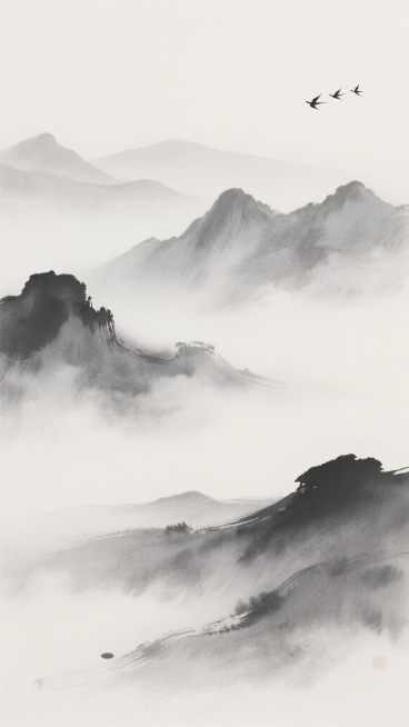 中国水墨画风格背景，以灰白为主色调，远山层叠，云雾缭绕，水墨晕染质感，笔触柔和，意境悠远宁静，留白恰到好处，右上角有一行飞鸟点缀，整体呈现出空灵淡雅的东方禅意氛围。预览效果