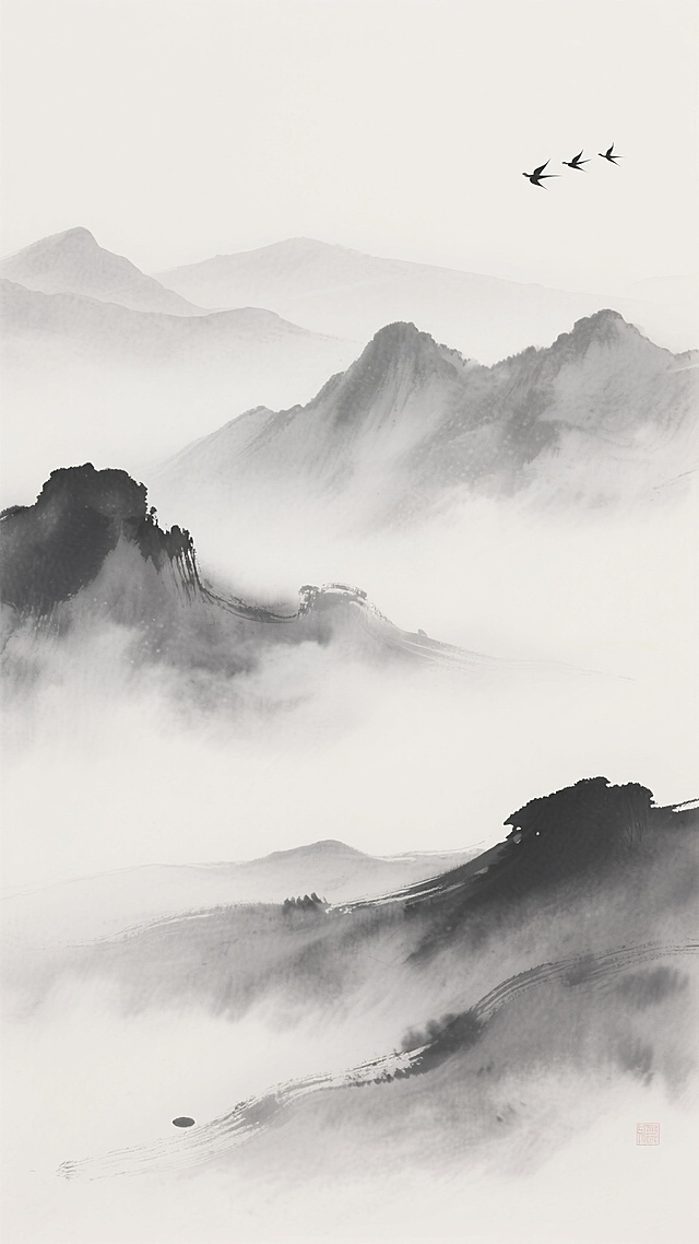 中国水墨画风格背景，以灰白为主色调，远山层叠，云雾缭绕，水墨晕染质感，笔触柔和，意境悠远宁静，留白恰到好处，右上角有一行飞鸟点缀，整体呈现出空灵淡雅的东方禅意氛围。