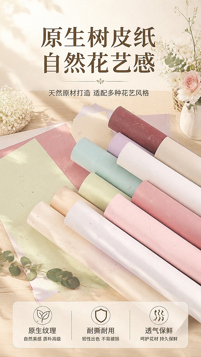 [第1屏] 详情页头图，树皮纸花艺包装纸产品宣传海报。本屏使用【图2】作为商品主体展示多色卷筒树皮纸。
[氛围/风格] 自然清新高级花艺风，柔和自然光影，商业摄影质感，真实产品呈现。
[元素布局] 多色卷筒树皮纸错落摆放在画面中心，占比约65%；上方预留主标题区域，下方放置核心卖点信息条；保留产品天然树皮纹理、颜色与原有结构，保持商品真实性。背景搭配简约花艺桌面场景，增加自然氛围感。
[光影质感] 顶部柔散光照明，产品下方自然投影，突出纸张本身的自然纹理，整体画面明亮干净。
[配色色系] 全局底色 #f8f5f0；主色为产品本身的莫兰迪柔和色系；辅助色为浅棕桌面，深棕文字。
[视角构图] 45度斜俯视视角，产品放置于画面中心，阅读动线从上到下，先标题后产品再卖点。
[文字版式] 版式为顶标题 + 中心产品 + 底部信息条。主标题「原生树皮纸 自然花艺感」，副标题「天然原材打造 适配多种花艺风格」，底部信息条列出3个核心短卖点「原生纹理/耐撕耐用/透气保鲜」，文字层级清晰，不遮挡产品主体。
[比例分辨率] 9:16 竖版比例，4K分辨率，文字清晰可辨，高清画质。
[负向提示词] 产品变形，颜色偏差，文字错乱，文字过小，水印，背景杂乱，缺件错件，纹理改变