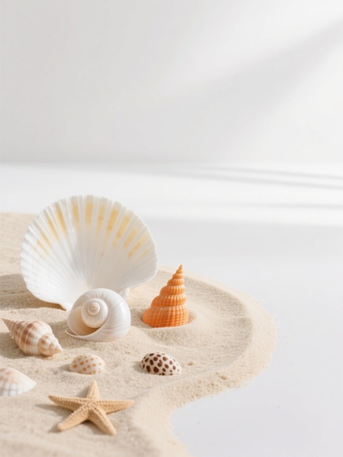 极简干净风格贝壳沙滩场景设计，左侧及底部以自然弯曲的浅米色细腻沙滩为基底，沙滩上错落摆放多种贝壳：大型扇形白贝（带浅黄放射纹）、螺旋状白色海螺、橙色尖顶贝壳、浅棕海星及小型斑点贝壳，贝壳表面光滑有自然光泽，沙滩纹理清晰可见细微沙粒。画面右侧及上方保留约70%纯净白色负空间，整体构图形成自然的留白与实体区域对比，光线为柔和顶光照射，阴影浅淡自然，色调以白色、米色、浅橙为主，营造清爽、空旷、宁静的……预览效果