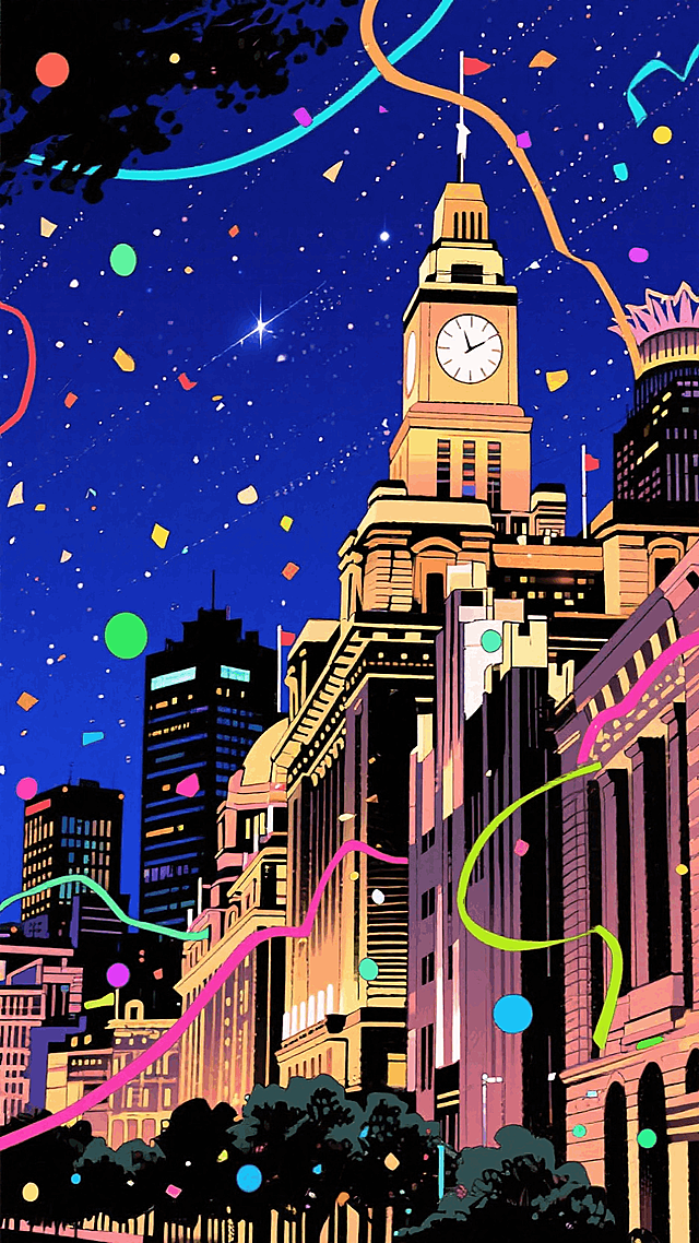 上海外滩，夜晚星空，纸醉金迷的都市感。少量装饰：超级小的碎片装饰（细的线形彩带和小的圆形彩片）分散点缀在画面上