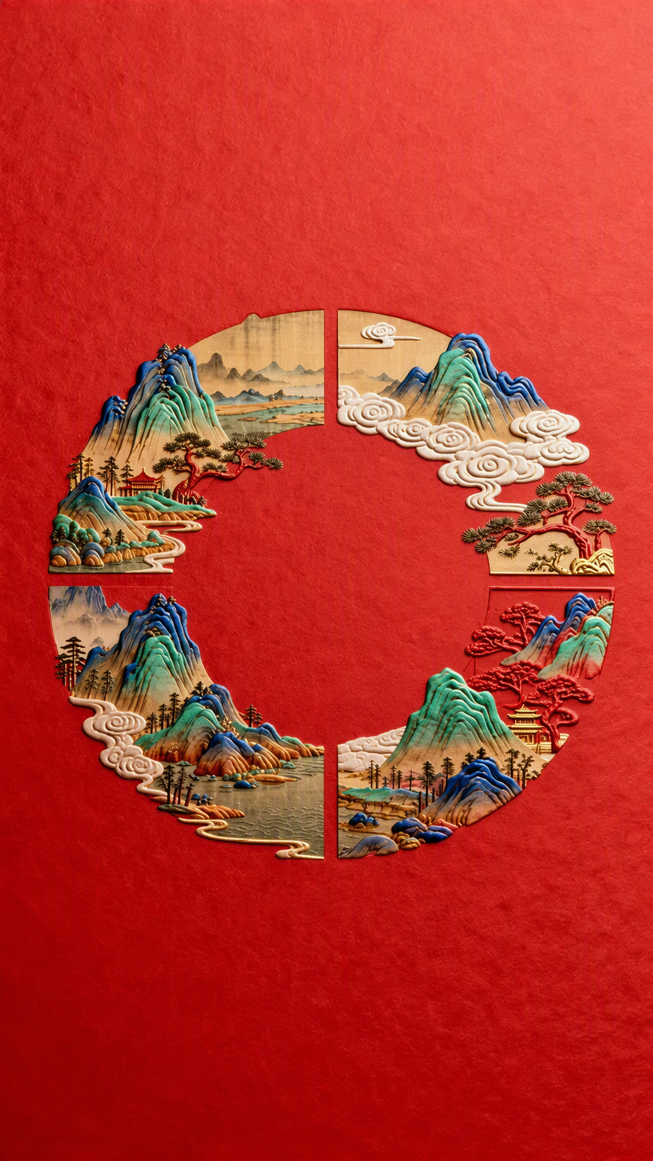 参考图的风格和构图，保持红色肌理背景、圆形分段山水浮雕图案、青… - 图片创意预览