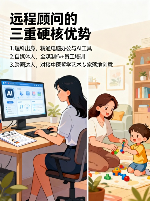 帮我生成漫画：最近，我刚接了一个外部顾问的工作，我的条件必须是远程工作，不影响我早睡和带孩子，对方也答应了，因为市场人跟我同类型的人选太稀缺了：
第一点，
 
我是理科生，对电脑办公应用和
AI
工具预览效果