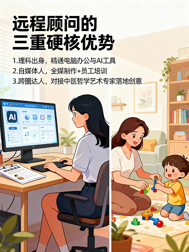 帮我生成漫画：最近，我刚接了一个外部顾问的工作，我的条件必须是远程工作，不影响我早睡和带孩子，对方也答应了，因为市场人跟我同类型的人选太稀缺了：
第一点，
 
我是理科生，对电脑办公应用和
AI
工具非常熟悉。
第二点，
 
我是自媒体人，对全媒体（文字、图片、音频、视频）制作非常了解，能开展员工培训。
第三点，
 
我是中医粉、哲学粉和艺术粉，能跟这些圈子的专家有很好的交流，可以把他们的天马行空的思想落地。