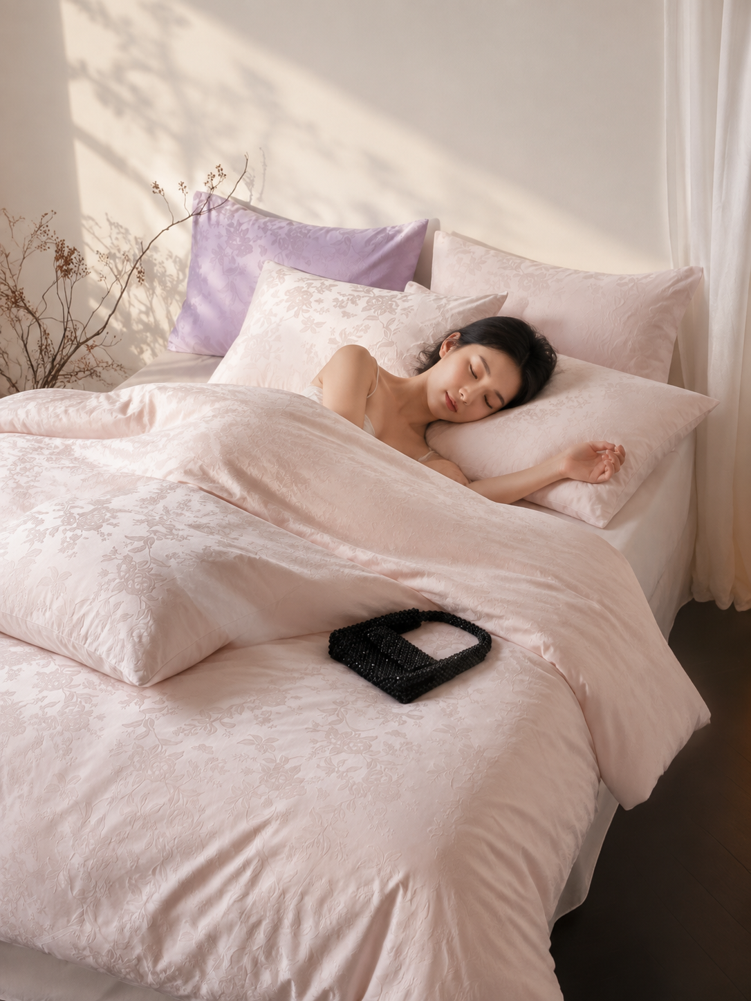 在图一的床上添加一位年轻女生模特，姿势参考图二：侧躺熟睡，头枕… - 图片创意预览