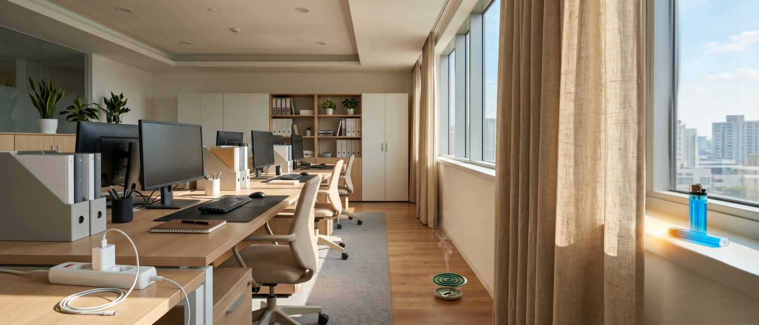 写实风简约商务办公室全景图，画面比例16:7，全程无人物、无手机、无任何文字标识。整体场景贴合真实日常办公状态，摆放规整的浅色系办公桌椅、常规办公设备与文件收纳柜，窗边垂挂质感自然的布艺窗帘，窗帘下方预览效果