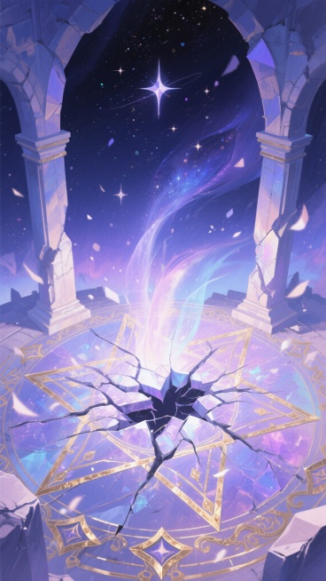 破碎的星界祭坛，圆形魔法阵位于画面中心，周围环绕废墟拱廊，低多边形艺术风格，整体呈现渐变蓝紫色调，背景是深邃的星空，星尘粒子在空中飘散，流动的魔法光晕笼罩祭坛，破碎的金色装饰线条点缀其间，精致细节，金预览效果