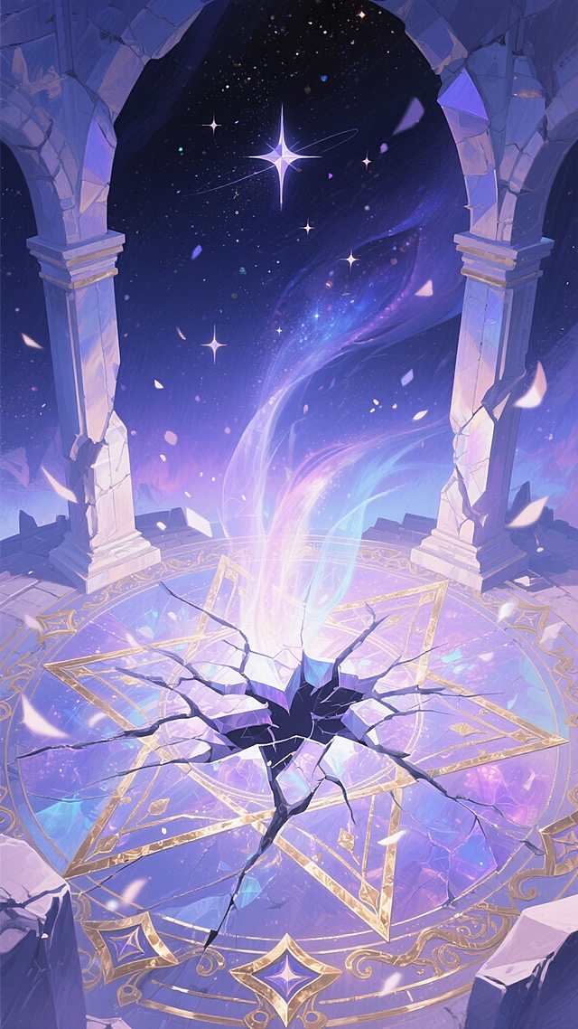 梦幻星空下，哥特式拱门环绕破碎玻璃地砖，几何纹路交织粒子光流，插画风呈现神圣神秘的虚拟现实之境。