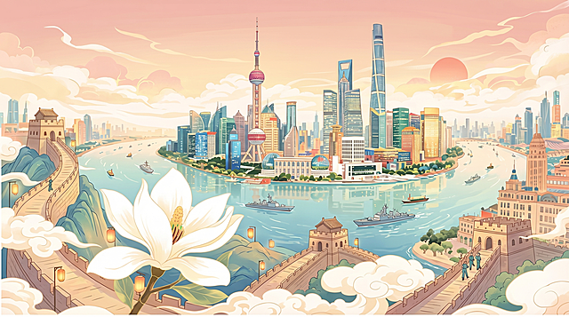 参考现有浦东陆家嘴国潮插画，在画面山体位置融入长城元素，展现浦江两岸都市繁华，象征钢铁长城守护万家灯火，军民团结共促城市发展，国潮插画风格，16:9横版，淡雅国潮配色