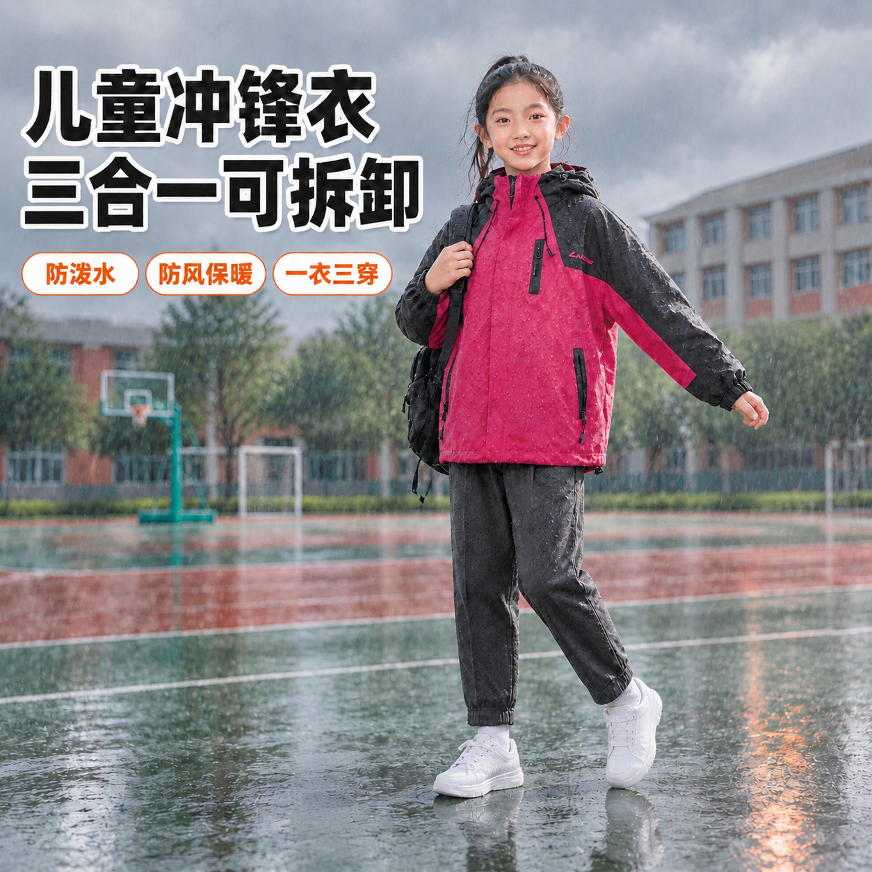 基于这张阴雨天儿童冲锋衣主图进行文字修改：1. 将第二行大标题… - 图片创意预览
