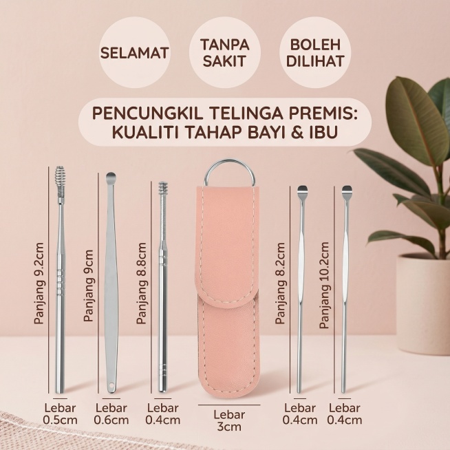 基于原图重新设计，更换排版和色系，整体风格简约干净，体现母婴级安全，突出无痛不伤耳。产品居中展示，使用浅粉色背景，马来简约家居温馨风，干净高级构图，尺寸标注文字改为马来语，使用圆润醒目的圆润字体，突出预览效果