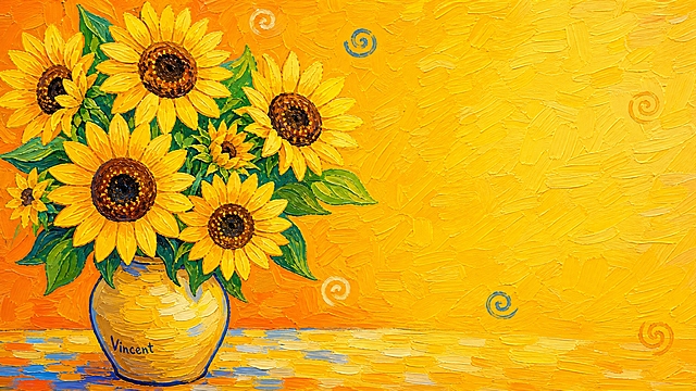 梵高风格向日葵插画，花瓶里插着多朵金黄色向日葵，花瓣饱满明亮，背景是温暖的橙黄色，厚涂油画质感但卡通化处理，色彩鲜艳，适合小学生欣赏，画面左侧是向日葵，右侧留出文字区域，16:9横版构图，儿童艺术教育风格
