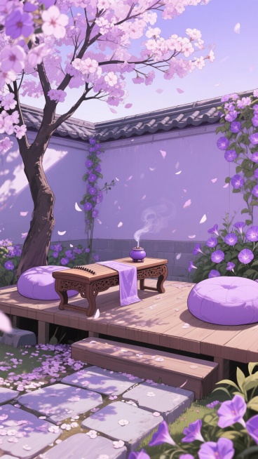 二次元，古风，浅紫色庭院，细节丰富，唯美，生成10张预览效果