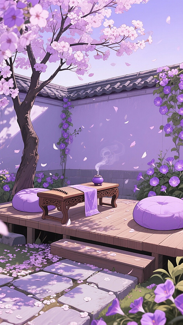二次元，古风，浅紫色庭院，细节丰富，唯美，生成10张