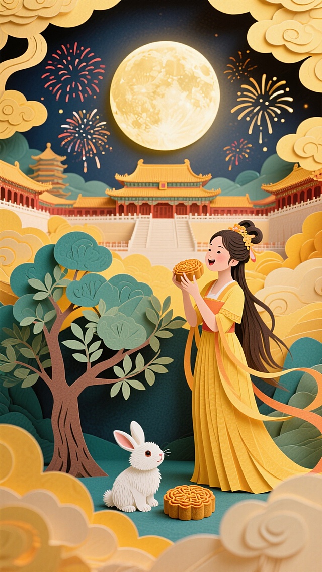 全景构图，近景是故宫和古代建筑群，中间是一个小女孩在吃月饼，小女孩穿着暖黄色连衣裙，披着长头发，旁边有颗月桂树，树下蹲着毛茸茸的白色小兔子，背后是圆月和烟花，画面四周祥云环绕，画面整体充满喜庆和华丽，画面呈现喜庆的暖色调