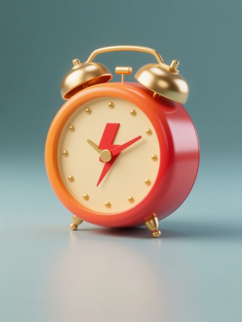 3D风格闹钟系列素材，每张均为单一闹钟图案规整排布，整体造型简约现代，纯色背景，无任何文字、logo及水印。闹钟采用圆润饱满的造型设计，钟身呈现从橙色到红色的渐变效果，表面光滑有光泽，搭配金色的金属铃铛、指针和底座，钟面为米黄色，中央有一个醒目的红色闪电图案，边缘分布着金色的刻度点，整体光影效果柔和，立体感强。预览效果