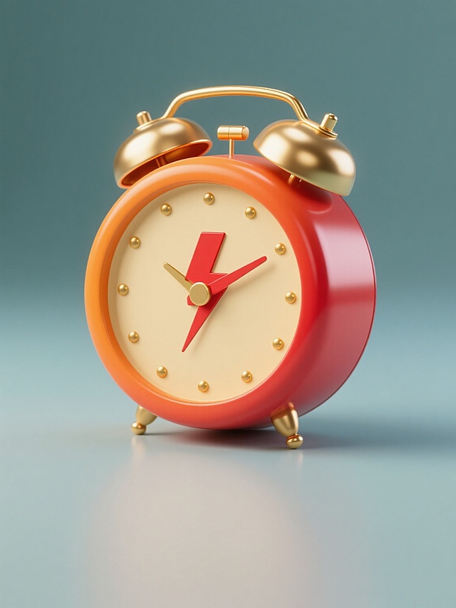 3D风格闹钟系列素材，每张均为单一闹钟图案规整排布，整体造型简约现代，纯色背景，无任何文字、logo及水印。闹钟采用圆润饱满的造型设计，钟身呈现从橙色到红色的渐变效果，表面光滑有光泽，搭配金色的金属铃铛、指针和底座，钟面为米黄色，中央有一个醒目的红色闪电图案，边缘分布着金色的刻度点，整体光影效果柔和，立体感强。