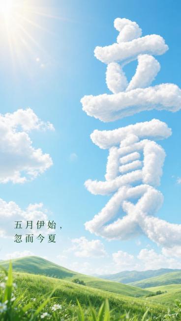 竖版立夏节气海报，海报右侧放大放置两个巨大立体汉字"立夏"，字体是真实的云朵质感；背景是浅蓝色天空，点缀阳光和白云；海报下方是层次起伏的绿色草地；画面左下角添加几行小字"五月伊始，忽而今夏"预览效果