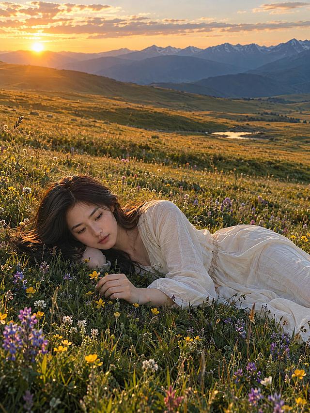 写实电影静帧，竖幅3:4。夕阳将尽的高原草甸近远景：同一位成年东亚女性穿浅色长裙侧躺在盛开的野花之间，长发铺在草上，一只手轻轻碰到一朵小黄花，人物位于画面下半部。上方留给金色草坡、稀薄云层和远处青蓝山影，暖光柔和，画面安静、自由、没有任何动作感。真实35mm高原电影静帧，画面中无文字、无logo、无水印、无字幕。超高清2K画质，细节丰富。