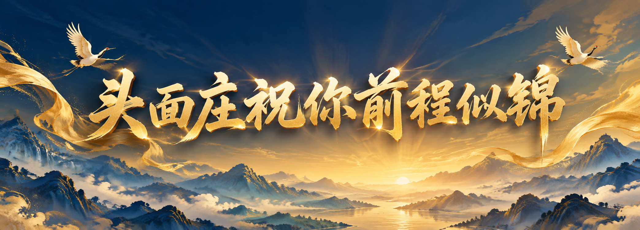 横版长条形手拉旗设计，70x24cm比例，锦绣前程主题风格。藏… - 图片创意预览
